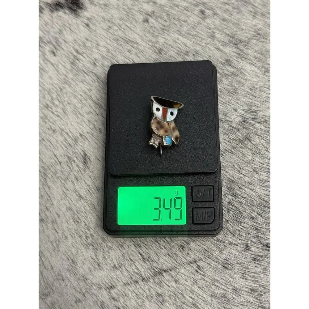 Vintage Zuni Sterling Silver Owl Bird inlay Brooch Pin Turquoise Coral Onyx